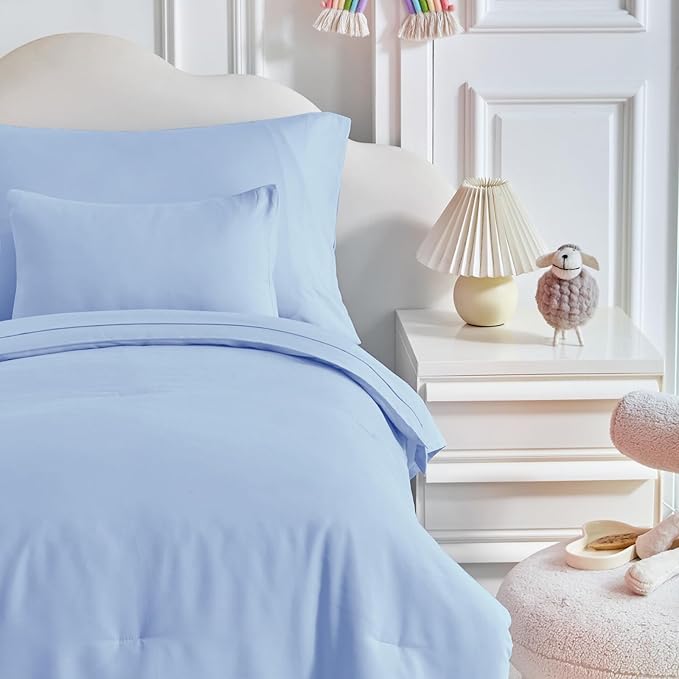 Toddler Bedding Set - 5 Piece Soft and Breathable Toddler Bed Set for Boys and Girls, Includes Quilted Comforter, Fitted Sheet, Flat Top Sheet, Standard Pillowcase and Toddler Pillowcase, Light Blue