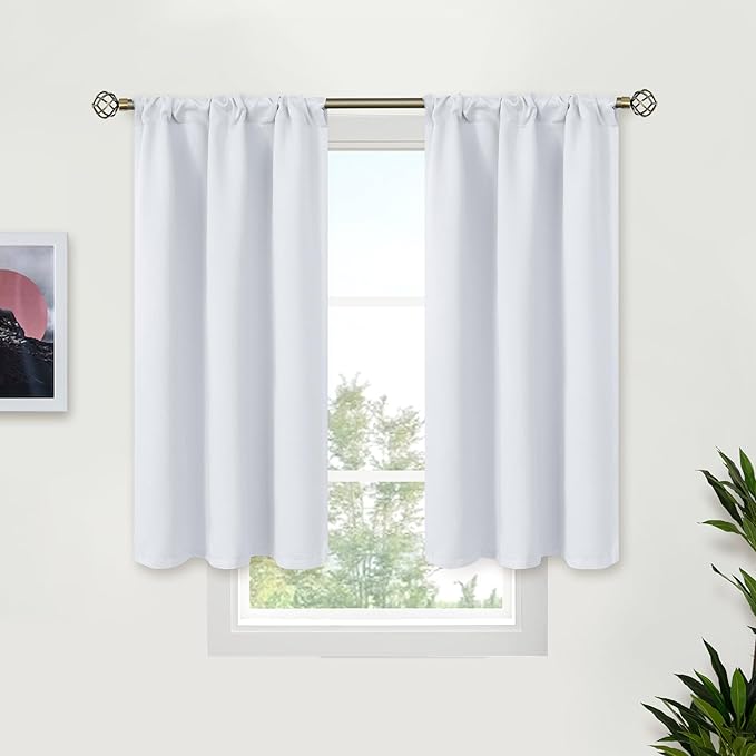 BGment Short Curtains for Kitchen Window Over Sink - Rod Pocket Room Darkening Drapes Thermal Insulated for Bathroom Cafe Window, Greyish White, 34 x 45 Inch, 2 Panels