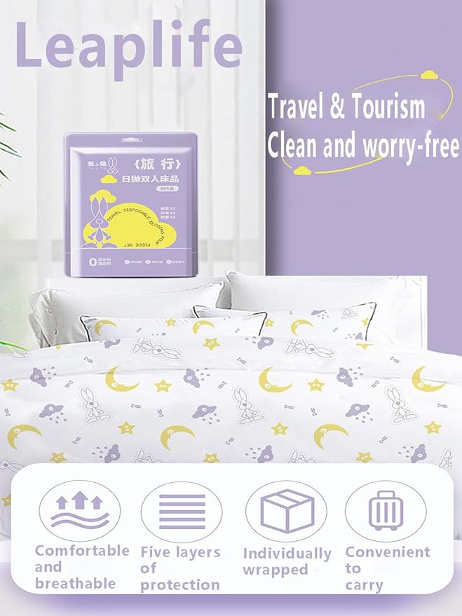 Disposable Travel Set (Duvet Cover, Bed Sheet, Pillow Case), Disposable Bed Sheets - Clean, Safe and Healthy for Your Hotel, Hospital and Business Travel Full (Purple Flower Color 4 pic)