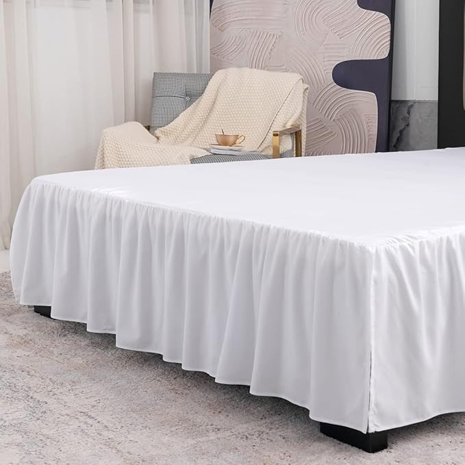 TSUTOMI Bed Skirt King Size Ruffled Bed Skirt with Split Corners, 16 Inch Drop Dust Ruffle Bed Skirts with Platform, Gathered Style, 100% Microfiber, White