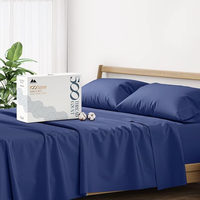 Mayfair Linen 500 Thread Count California King Cotton Sheets - 4 PC Cal King Size Bed Sheet Set Cotton (Navy Blue), Soft, Cooling, Sateen 16" Deep Pocket Bedsheet for Hot Sleepers (Fits 18" Mattress)