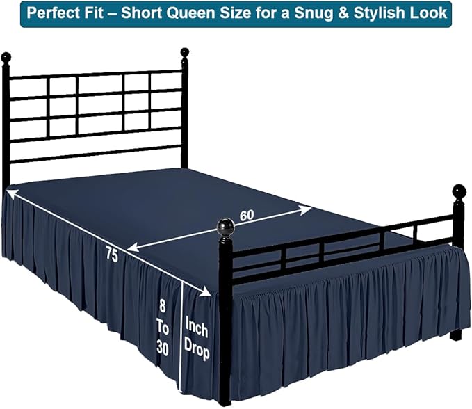 Shreem Linen Ruffled Bed Skirt with Split Corners, Gathered Style, 100% Microfiber, 18-Inch Drop, Dust Ruffle Bedskirt with Platform, Short Queen, Navy Blue
