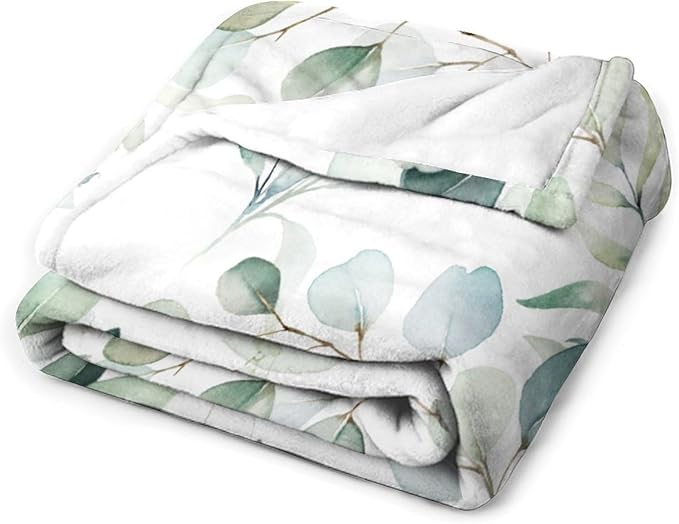 Eucalyptus Leaf Throw Blanket, Watercolor Floral Spring Botanical Green Plants Herb Print Cozy Plush Blanket for Bedroom Living Rooms Sofa Couch, 40"x50"