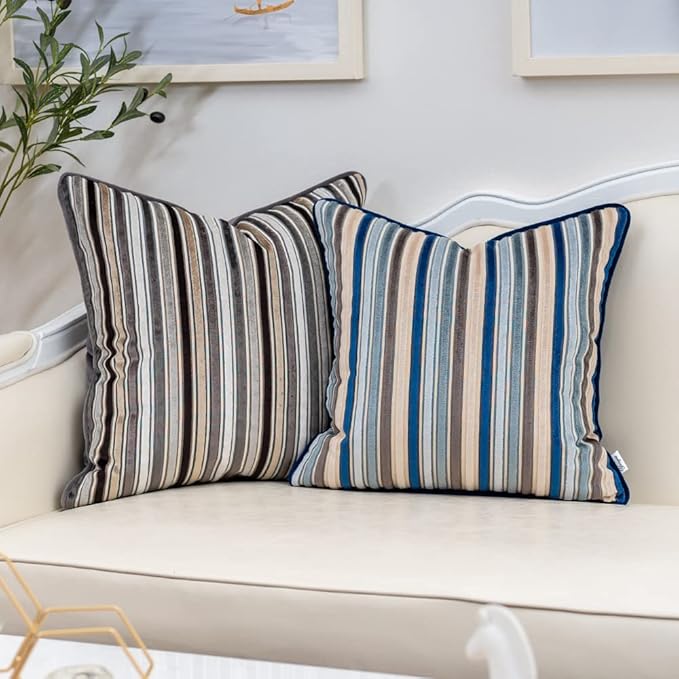 Yangest Blue Striped Throw Pillow Cover Multicolor Velvet Cushion Cover Modern Bohemian Pillowcase for Sofa Couch Bedroom Living Room Home Christmas Decoration,16x16 Inch