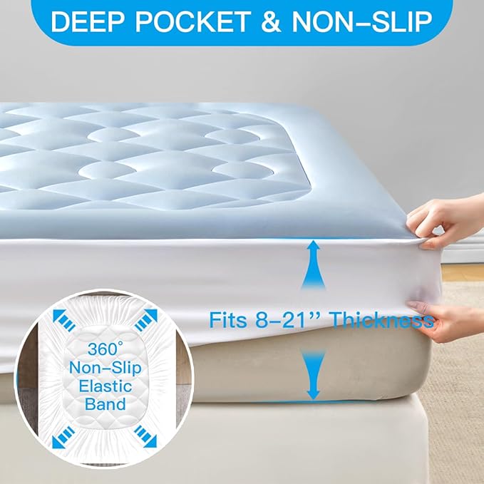 Cooling Mattress Topper Queen Size - Pillow Top Mattress Pad for Hot Sleepers - Breathable Ultra Soft Mattresses Protector with 8-21 Inch Deep Pocket (60x80 inch, Blue)