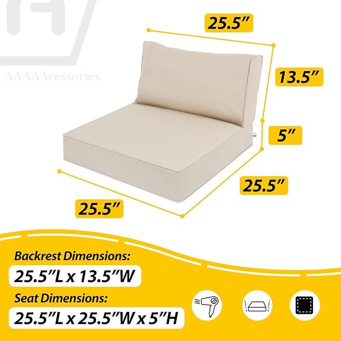 AAAAAcessories Outdoor Deep Seat Cushions, Waterproof, Fade-Resistant Patio Furniture Replacement Cushions, 25.5" x 25.5" x 5" + 25.5" x 13.5", Sandstone Beige