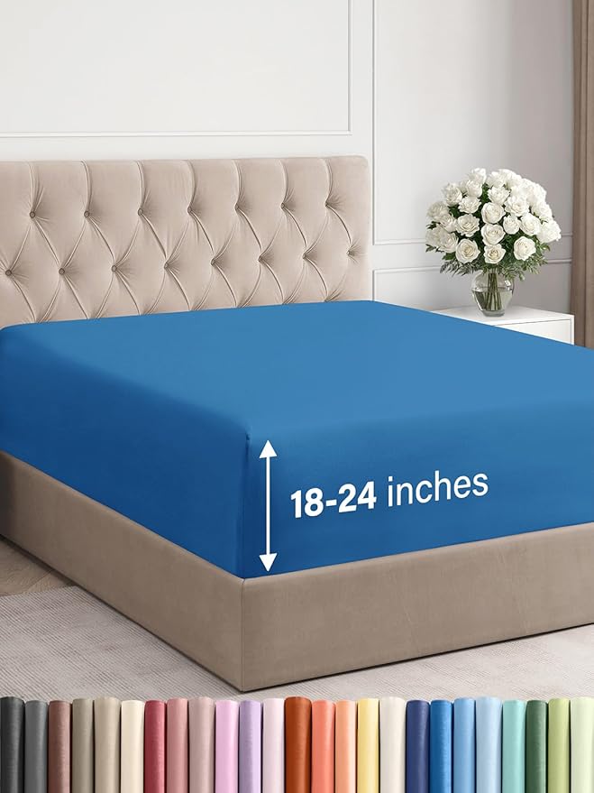 Extra Deep Full Fitted Sheet - Hotel Luxury Single Fitted Sheet Only - Easily Fits 18 inch to 24 inch Mattress - Ultra Soft, Wrinkle & Fade Free w/Extra Deep Pockets - Breathable & Comfy - Royal Blue