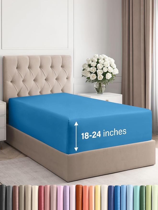 Extra Deep Twin XL Fitted Sheet - Hotel Luxury Single Fitted Sheet Only - Easily Fits 18 inch to 24 inch Mattress - Ultra Soft, Wrinkle Free with Extra Deep Pockets - Breathable & Comfy - Denim Blue