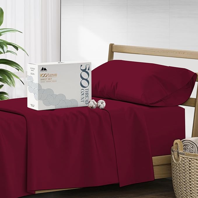 Mayfair Linen 500 Thread Count Twin Cotton Sheets - 3 PC Twin Size Bed Sheet Set Cotton (Burgundy), Soft, Cooling, Sateen Hotel-Quality 16" Deep Pocket Bedsheet for Hot Sleepers (Fits 18" Mattress)