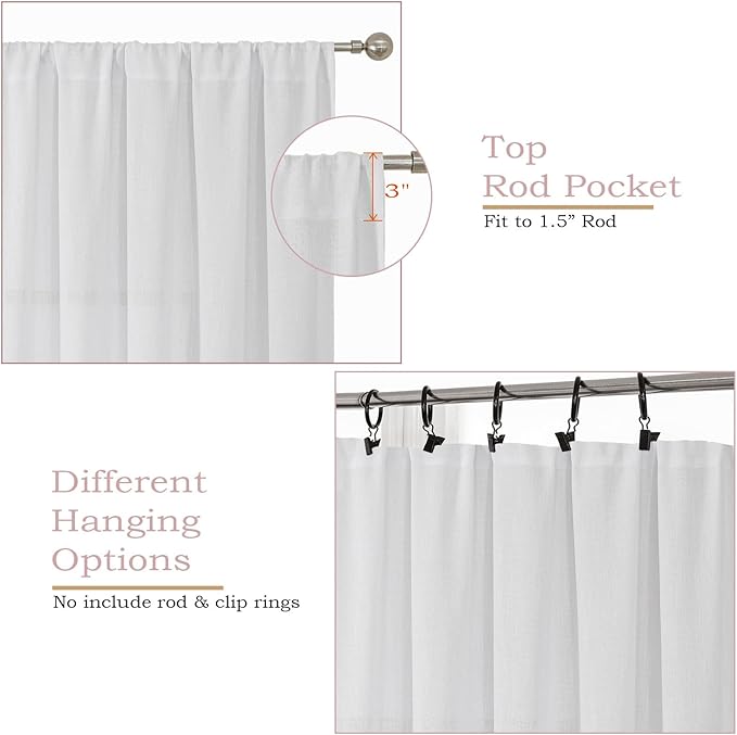 Simplebrand White Faux Linen Textured Semi Sheer Curtains 72 Inches Long 2 Panels Set, Light Filtering Privacy Farmhouse Curtains, Soft Window Drapes Rod Pocket Top for French Door, Bedroom, 40W x 72L