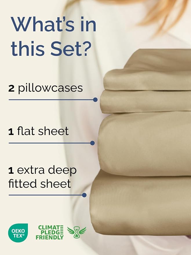 Extra Deep Pocket Cal King Sheets - 4 Piece Breathable & Cooling Bed Sheets - Hotel Luxury Bed Sheet Set - Soft, Wrinkle Free & Comfy - Easily Fits Extra Deep Mattresses - Deep Pocket Beige Sheets Set