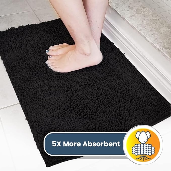 Muddy Mat® AS-SEEN-ON-TV Highly Absorbent Microfiber Door Mat and Pet Rug, Non Slip Thick Washable Area and Bath Mat Soft Chenille for Kitchen Bathroom Bedroom Indoor and Outdoor - Black Large 35"X24"