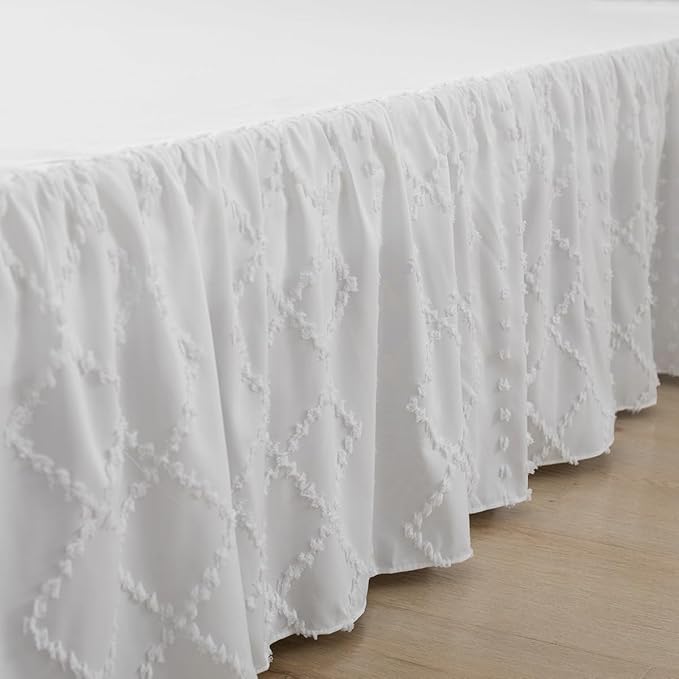 Bed Skirt King Size，Ruffled White Bed Skirt with Split Corners，King Bed Skirt 12 Inch Drop, Boho Tufted Shabby Chic King Size Bed Skirt, Bed Skirt King Size