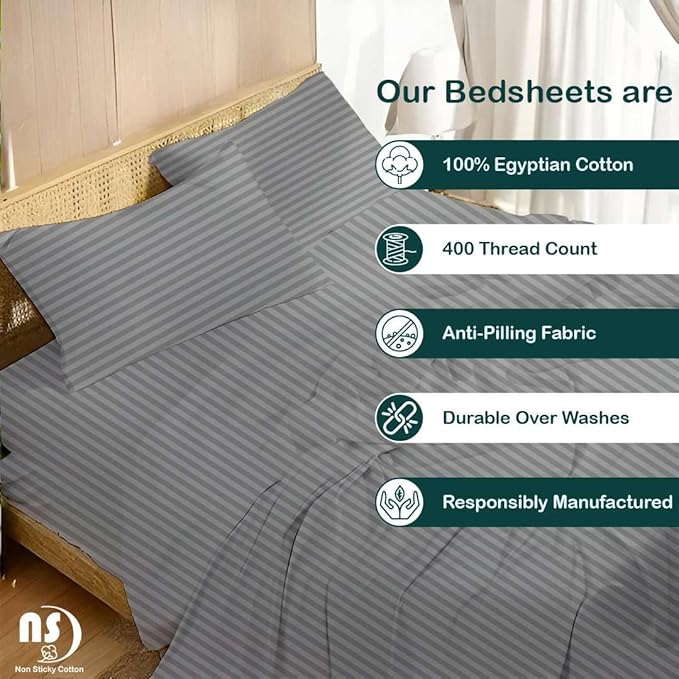 NON Sticky cotton Full Size Sleeper Sofa Sheets, 4 Piece Egyptian Cotton Bed Sheet Set for Sofa Bed, 10" Deep Pocket for Pull Out Couch Mattress, 54" x 75", Light Grey Stripe, Soft & Breathable