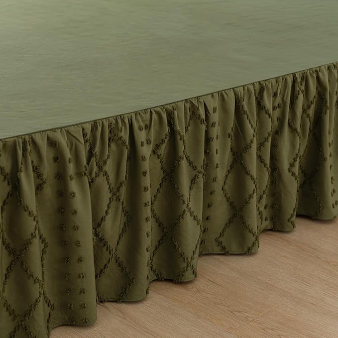 Bed Skirt Queen Size Ruffled Bed Skirt with Split Corners, 18 Inch Drop Dust Ruffle Bed Skirts with Platform, Boho Tufted Shabby Chic Queen Size Bed Skirts, Olive Green