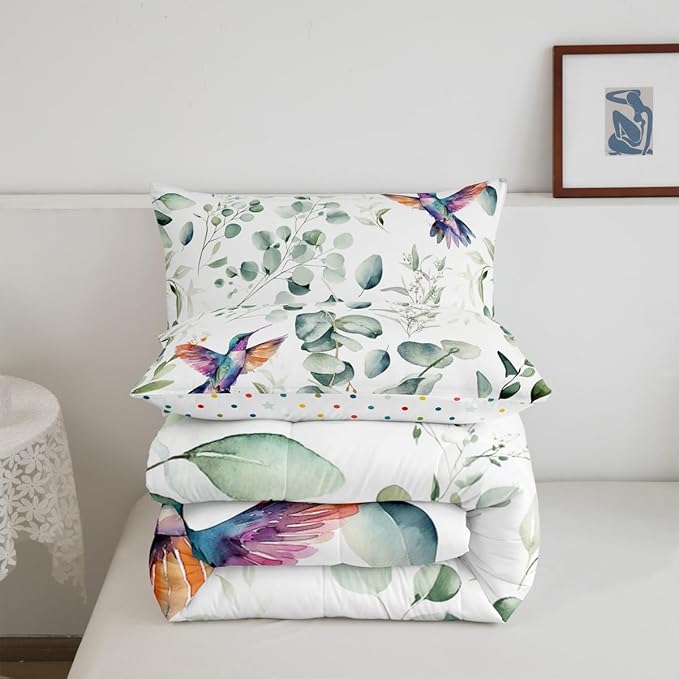 Erosebridal Cartoon Hummingbird King Size Comforter Set Toddler Wildlife Bird Bedding Set, Spring Plant Down Comforter Eucalyptus Leaf Bed Set, Jungle Animal Theme Quilted Duvet Kids Room Decor