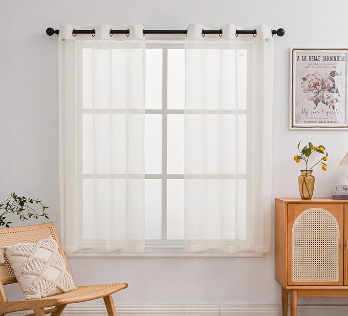 PI Cream Sheer Curtains 63 Inches with Eyelets, Airy Voile Curtains Window Treatment for Kitchen 2 Panels (W52 X L63, Butter)