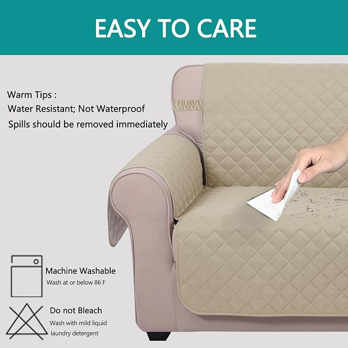 U-NICE HOME Loveseat Sofa Cover Reversible Couch Cover for Dogs with Elastic Straps Water Resistant Furniture Protector for Pets Couch Cover for 2 Cushion Couch (Loveseat, Sand/Beige)
