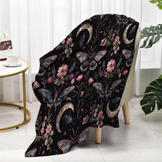 Moon Moth Throw Blanket 40"x50" Soft Cozy Lightweight Flannel,Mystical Night Garden Botanical Celestial Blankets Gifts for Women Gothic Witchy Blanekts for Couch Office Travel Home Decor
