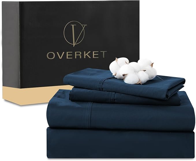 100% Egyptian Cotton Sheets King Size 4PCS 1000 Thread Count Sateen Weave Soft Breathable 16-Inch Deep Pocket （King,Navy）
