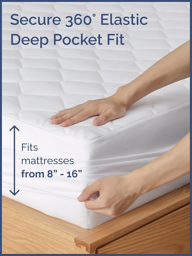 Quilted Fitted Mattress Pad Twin XL Size - Elastic Fitted Mattress Topper Protector & Cover - Breathable, Soft, Low Profile Top Cover with 8-16 Inch Deep Pockets - Easy-Fit & Machine Washable - White