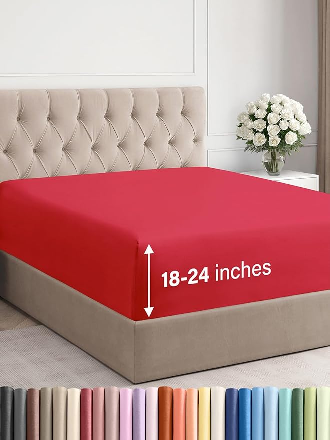 Extra Deep Queen Fitted Sheet - Hotel Luxury Single Fitted Sheet Only - Easily Fits 18 inch to 24 inch Mattress - Ultra Soft, Wrinkle Free w/Extra Deep Pockets - Easy-Care, Breathable & Comfy - Red
