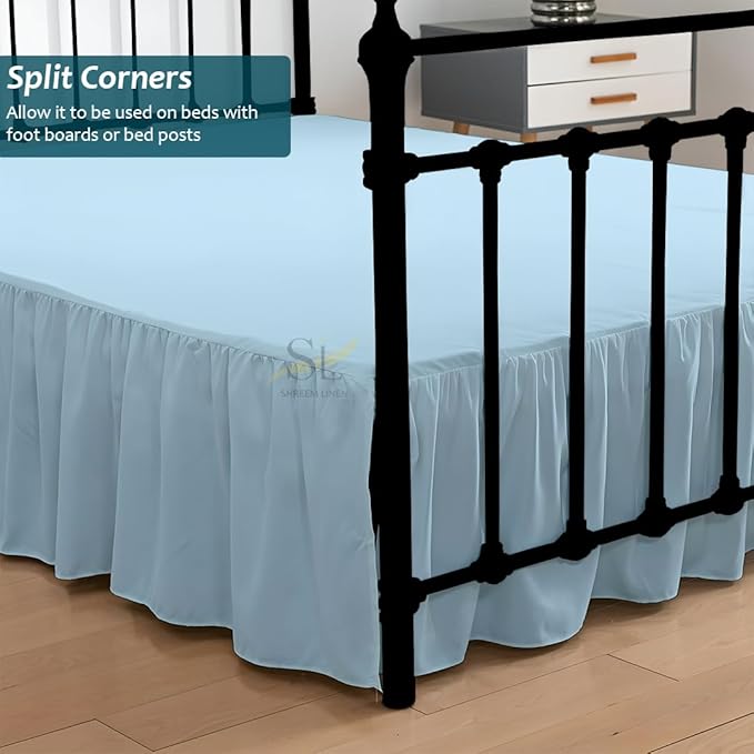 Shreem Linen Ruffled Bed Skirt with Split Corners, Gathered Style, 100% Microfiber, 30-Inch Drop, Dust Ruffle Bedskirt with Platform, Queen, Light Blue