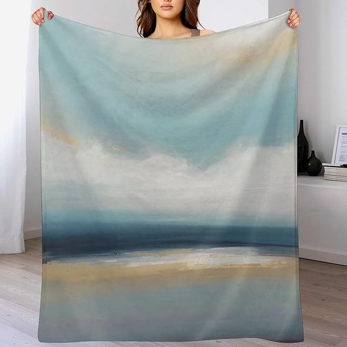 Fashion Gradient Blanket, Modern Art Abstract Blue Sea View Painting Strokes Pattern Soft Warm Cozy Plush Flannel Covers for Livingroom Bedroom Couch Chair Camping Travel Home Decor Tapestry 60x80in
