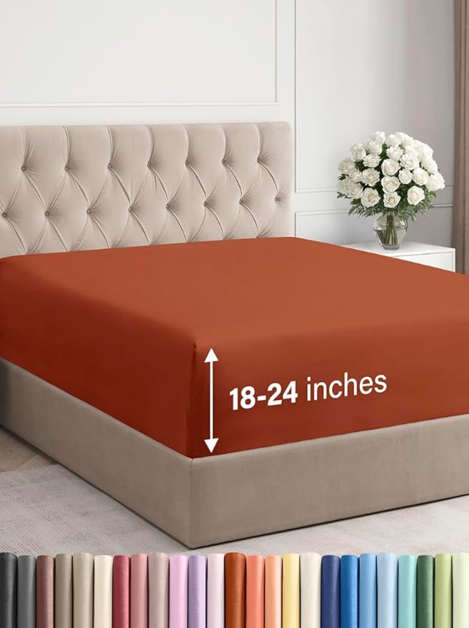 Extra Deep King Fitted Sheet - Hotel Luxury Single Fitted Sheet Only - Easily Fits 18 inch to 24 inch Mattress - Ultra Soft, Wrinkle & Fade Free w/Extra Deep Pockets - Breathable & Comfy - Terracotta