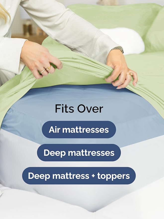 Extra Deep Queen Fitted Sheet - Hotel Luxury Single Fitted Sheet Only - Easily Fits 18 inch to 24 inch Mattress - Ultra Soft, Wrinkle Free w/Extra Deep Pockets - Breathable & Comfy - Light Sage Green