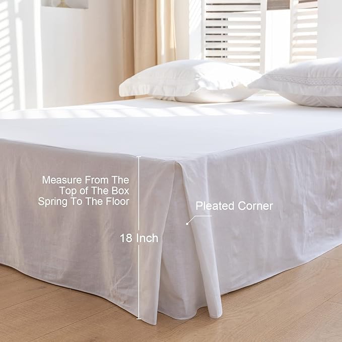 BISELINA French Linen Bed Skirt with Pleated Corner 18-Inch Tailored Drop Natural Flax Cotton Blend Basic Dust Ruffle Soft Cozy Farmhouse Bedding (18" Twin, Basic White)