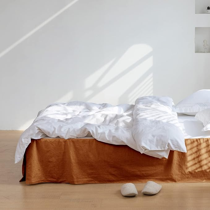 BISELINA French Linen Bed Skirt with Pleated Corner 14-Inch Tailored Drop Natural Flax Cotton Blend Basic Dust Ruffle Soft Cozy Farmhouse Bedding (14" King, Basic Rust)