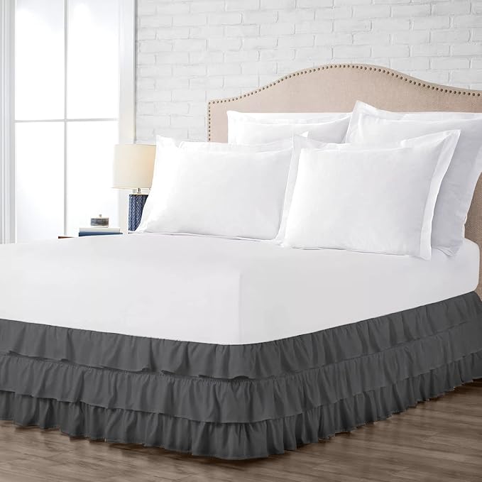 Multi-Ruffle Bed Skirt, Soft Multi Ruffle Bed Skirt Elastic Dust Ruffles with Wrap Around Bed Skirt Easy Fit with 18 Inch Drop 100% Cotton 800 Thread Count Bed Skirt (Full, Dark Grey)