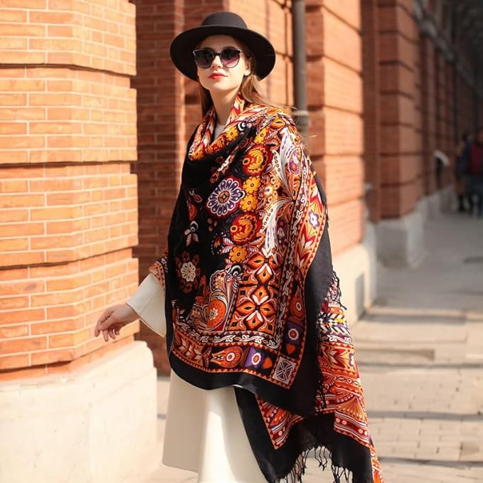 DANA XU 100% Merino Wool Pashmina Shawl for Women 96"x43", Oversized Cashmere Wrap with Tassels, Floral Travel Blanket Cape