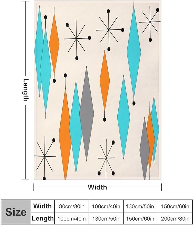 Mid Century Flannel Throw Blankets, Mid Century Modern Geometric Atomic Shapes Orange Retro Style Boho Print Blanket for Bed Couch Sofa Fuzzy Tv Throws 30"x40"