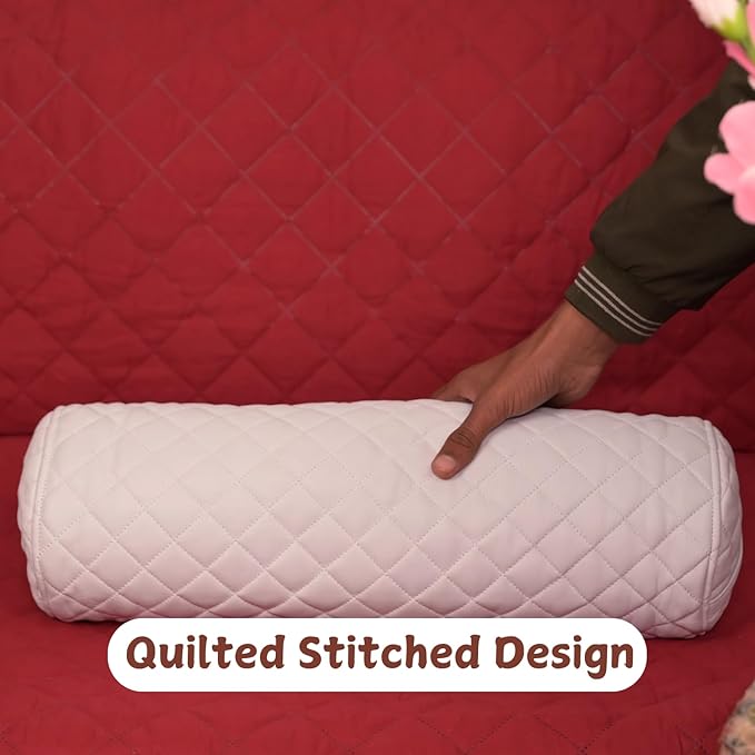 Neck Roll Pillow Cushion Cover, 22x6 Inch Full Moon Round Bolster Pillow Case, Cylinder Soft Lambskin Leather Pillowcase for Head, Spine & Neck Support During Sleep - Quilted White Pack of 2