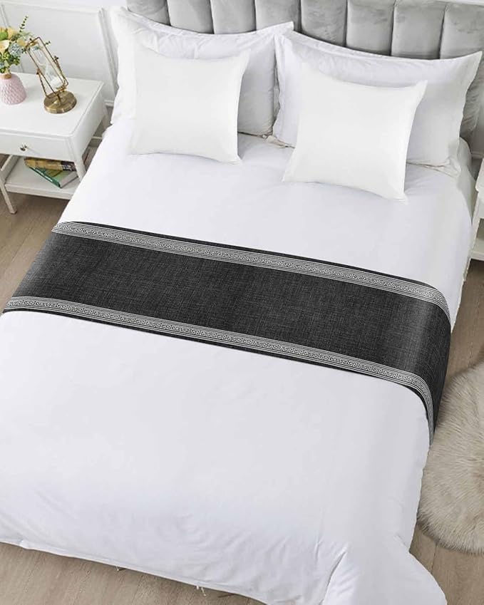 Greece Key Design Black White Bed Runners for Bedroom Hotel,Decorative Bedding Scarf Vintage Burlap Linen Bed End Blanket Bedding Runner Scarves for Queen Size Bed,94x20in