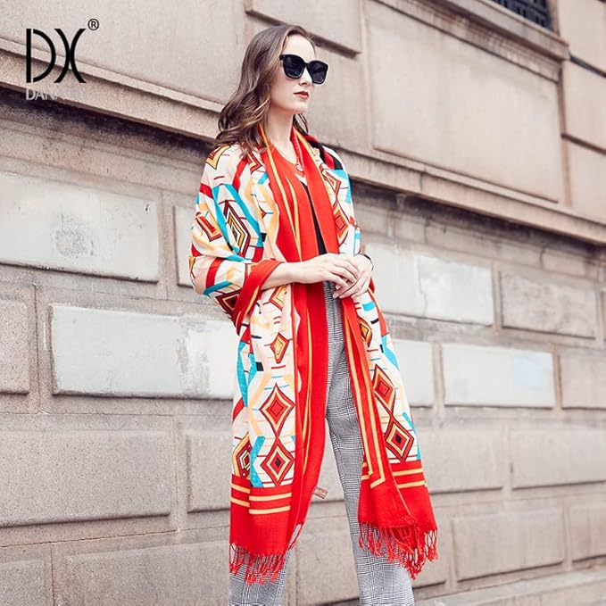 DANA XU 100% Merino Wool Pashmina Shawl for Women 96"x43", Oversized Cashmere Wrap with Tassels, Floral Travel Blanket Cape