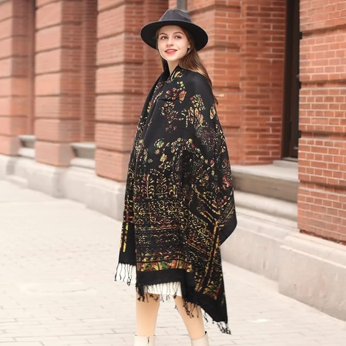 DANA XU 100% Merino Wool Pashmina Shawl for Women 96"x43", Oversized Cashmere Wrap with Tassels, Floral Travel Blanket Cape
