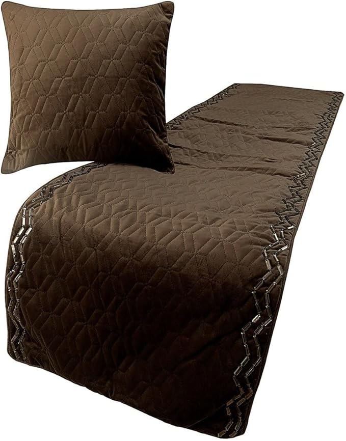 The HomeCentric King Queen Twin Brown Designer Full 68"x18" Bed Runner Without Pillow Cover, Quilted & Crystals Bed Scarf on Velvet Fabric - Brown Diamond Symphony