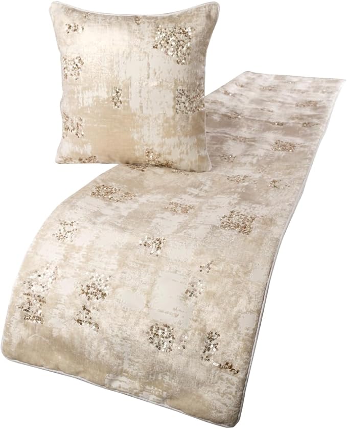 The HomeCentric Ivory Bed Runner, Full Size 68"x18" Decorative Bed Runner with Matching Pillow Cover, Ivory Velvet Bed Scarf in Foil Velvet with Sequin - Creative Grudge