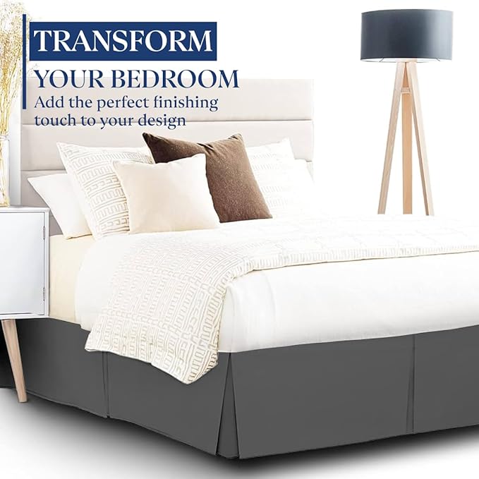 SKY BEDDINGS Luxury Pleated Queen Bed Skirt with Split Corners - 14 Inch Tailored Drop - Pleated Dust Ruffle - Wrinkle-Free 100% Microfiber - Easy Fit, Soft & Durable - Dark Grey