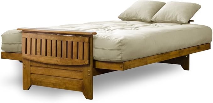 Nirvana Futons Brentwood Tray Arm Futon Sofabed Set - Queen Frame, 8" Thick Ivory Mattress, Rich Heritage Finish