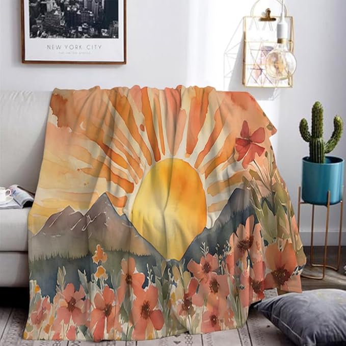 Burn Orange Boho Sunrise Sunset Sun Print Throw Blankets Pink Floral Flower Blanket Modern Abstract Throws Spring Blankets for Couch Boho Decorative Blanket for Sofa Bed Living Room 70"x80"
