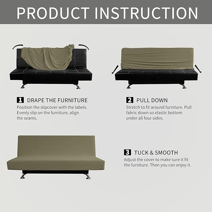 Easy-Going Stretch Futon Slipcover Armless Futon Bed Cover Furniture Protector Without Armrests with Elastic Bottom for Kids, Soft Jacquard Fabric Small Checks (Medium, Khaki)