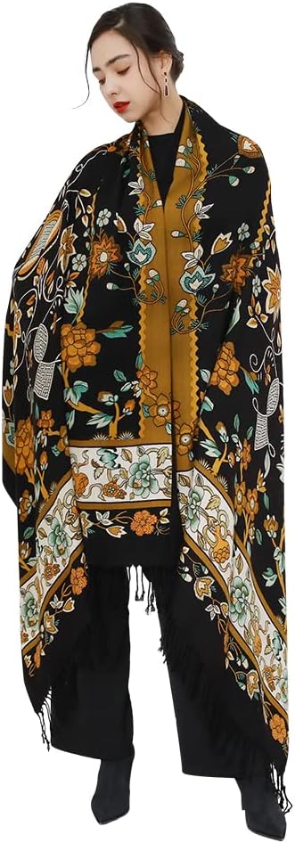 DANA XU 100% Merino Wool Extra Large Pashmina Blanket Travel Scarf Cashmere Wrap for Women Fall Winter Oversize Shawl Floral
