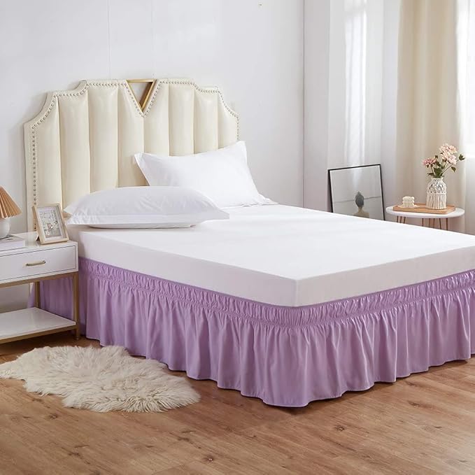 MEILA Wrap Around Bed Skirt Three Fabric Sides Elastic Dust Ruffled 24 Inch Tailored Drop,Easy to Install Fade Resistant-Light Purple, Queen/King