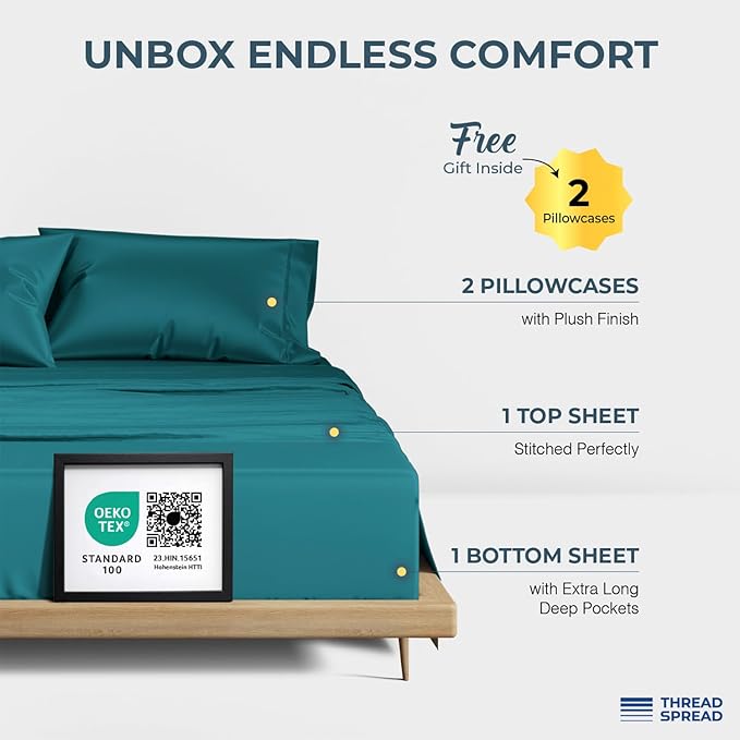 THREAD SPREAD 100% Egyptian Cotton Sheets California King Size Bed Set - 4 PC 1500 Luxury High Thread Count Teal Cal King Bed Sheets, Silky Soft, Cooling, Sateen, 17" Deep Pocket Bedsheet Set