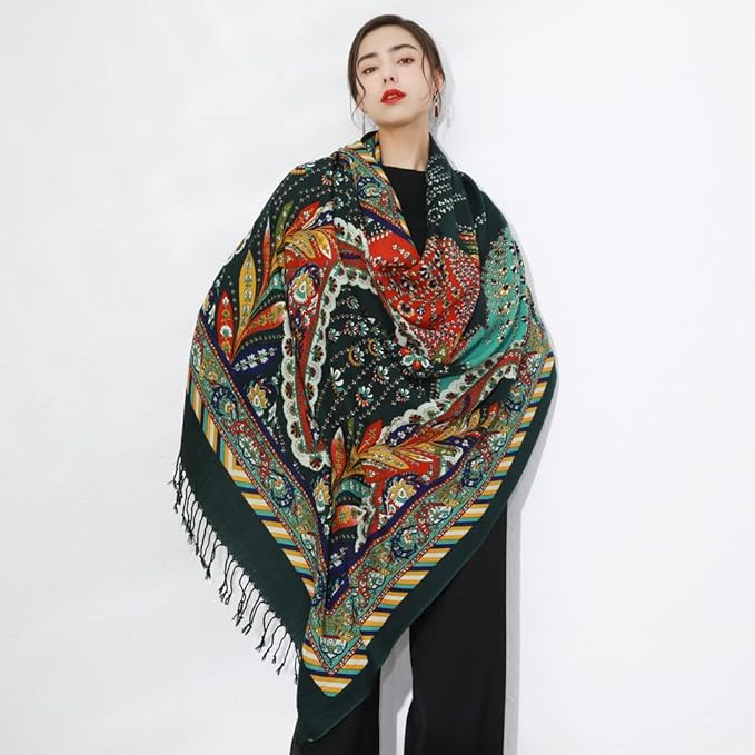 DANA XU 100% Merino Wool Extra Large Pashmina Blanket Travel Scarf Cashmere Wrap for Women Fall Winter Oversize Shawl Floral