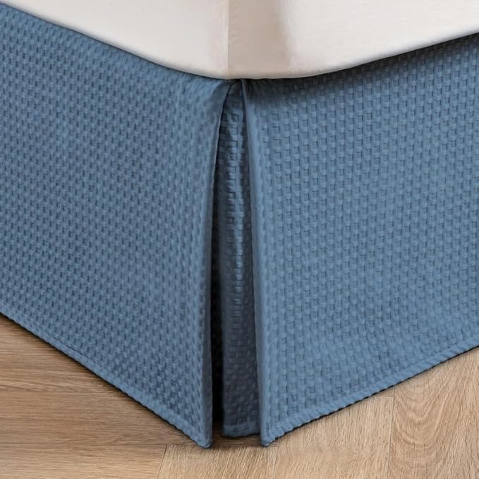 MIYE Pleated Waffle Weave Bed Skirt, Tailored Dust Ruffle 18 Inch Drop Easy Fit, Machine Washable (Blue, Queen - 18" Drop)